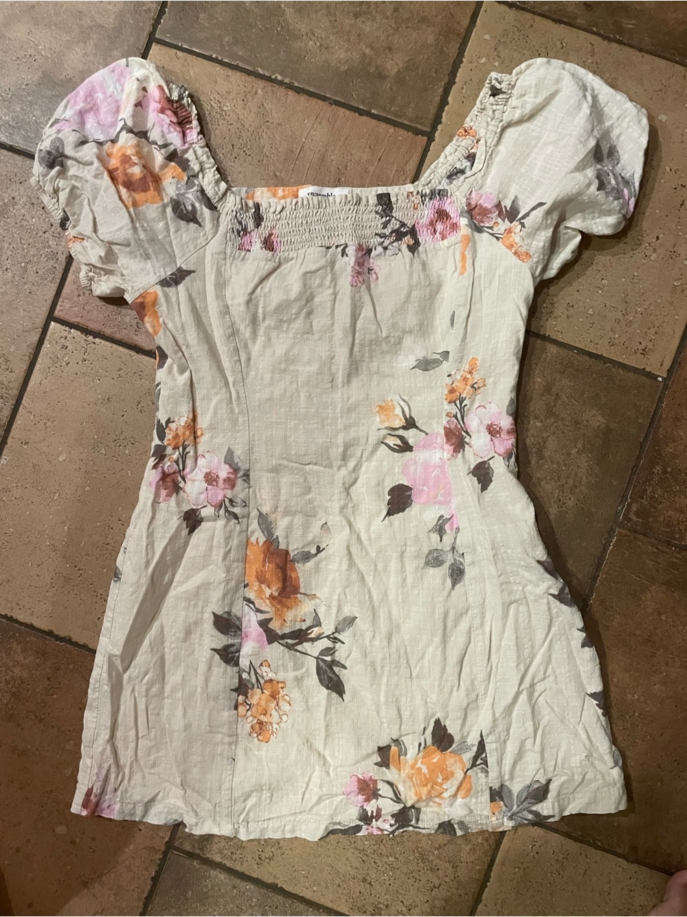 en;semble Women's Cream Floral Puff-Sleeve mini dress